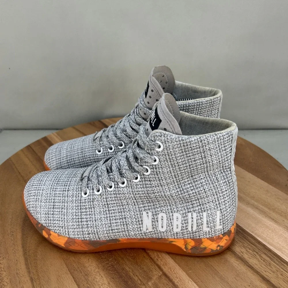 NOBULL High Top Trainer Grey Knit Orange Gum Sole Womens Size 7 Sneakers